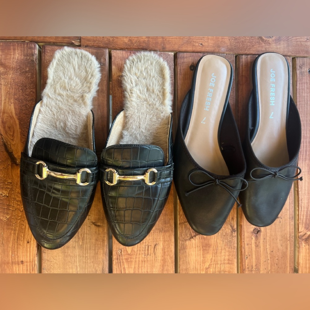 SHEIN Black Croc-Embossed Mules with Gold Detail